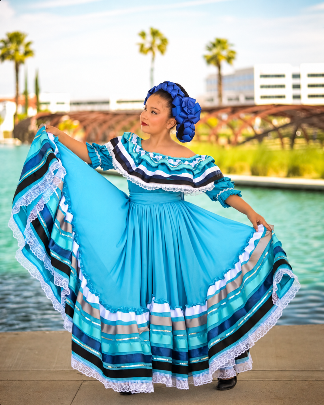 Bailarina con vestido azul frente a una fuente